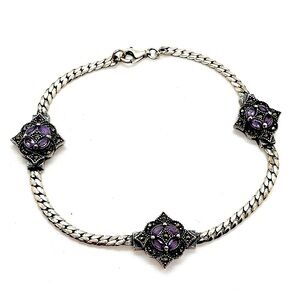 Vtg Sterling Silver Amethyst Marcasite Floral Flower Link Bracelet | 7.5” L